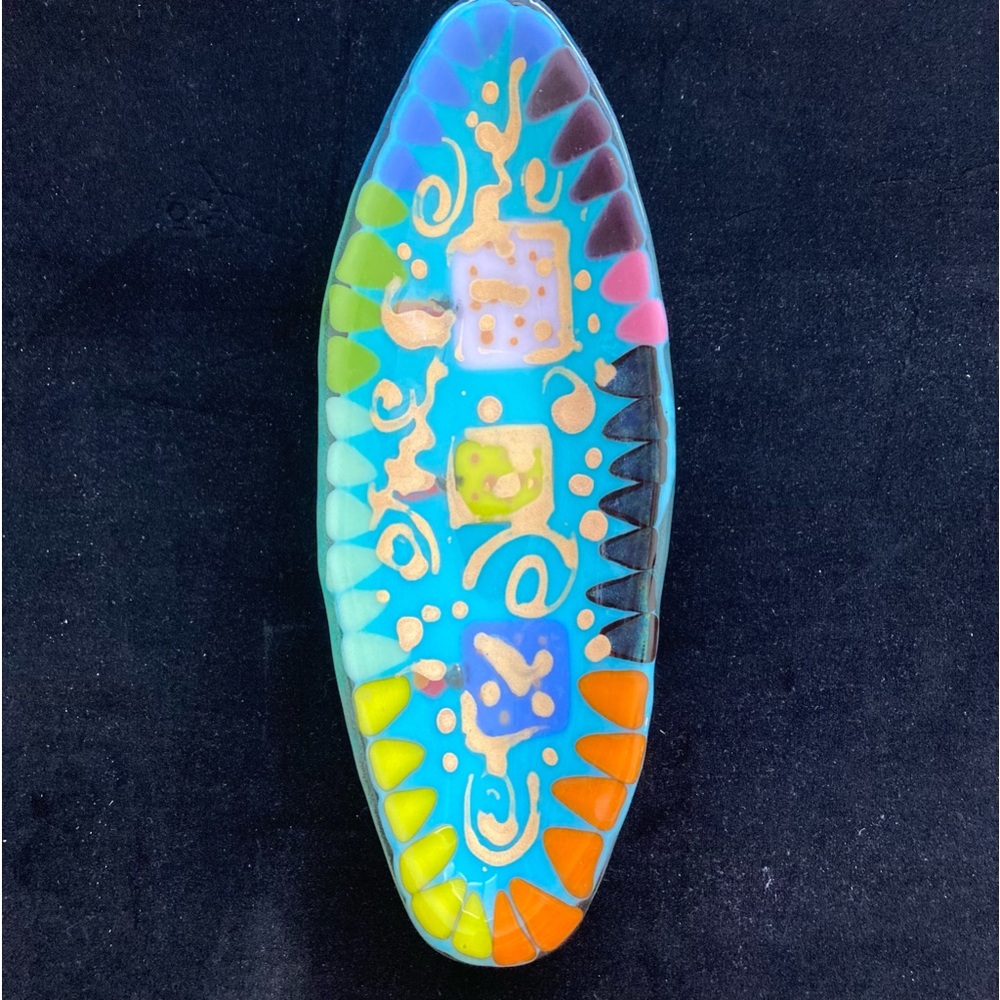 Handmade Aqua Blue Glass Oval Bowl with Fused Paint Gold Accents 10”x4” - Picture 2 of 9